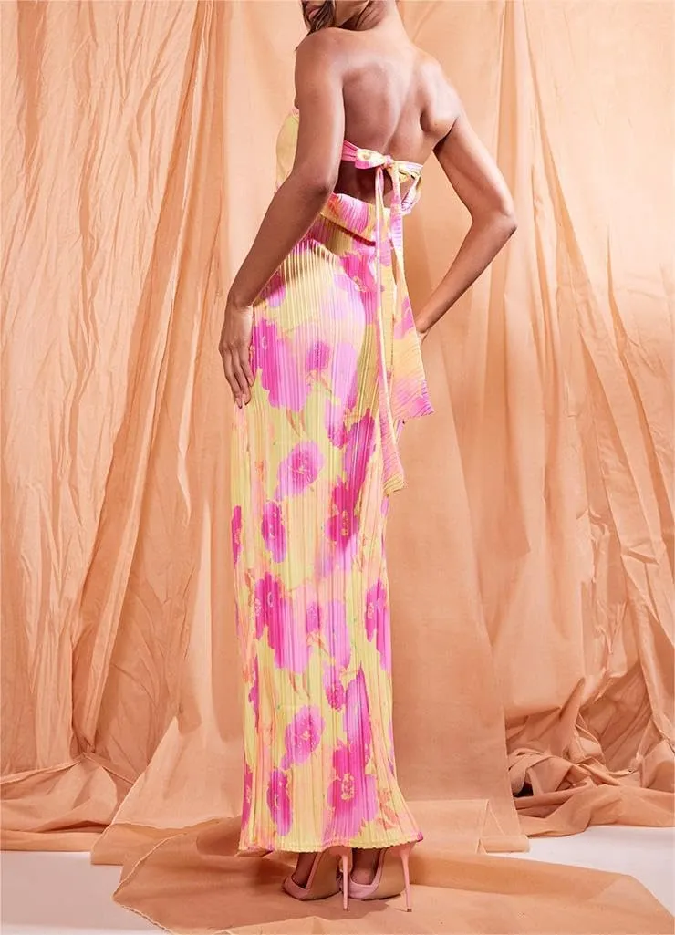 Women Y2k Strapless Maxi Dress Floral Print Tube Long Dress Boho Beach Sundress Going Out Streetwear
