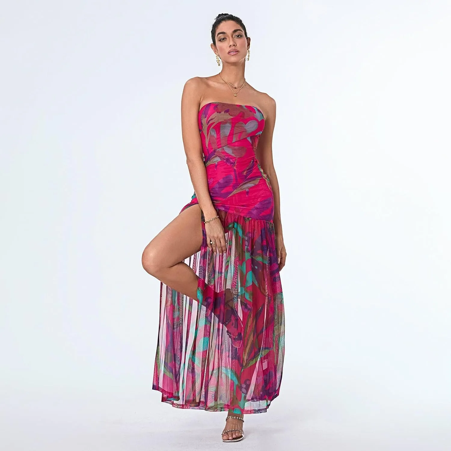 Women Y2k Strapless Maxi Dress Floral Print Tube Long Dress Boho Beach Sundress Going Out Streetwear