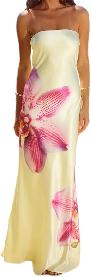 Women Y2k Strapless Maxi Dress Floral Print Tube Long Dress Boho Beach Sundress Going Out Streetwear