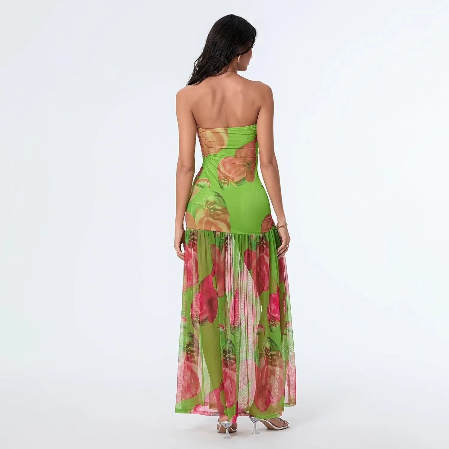 Women Y2k Strapless Maxi Dress Floral Print Tube Long Dress Boho Beach Sundress Going Out Streetwear
