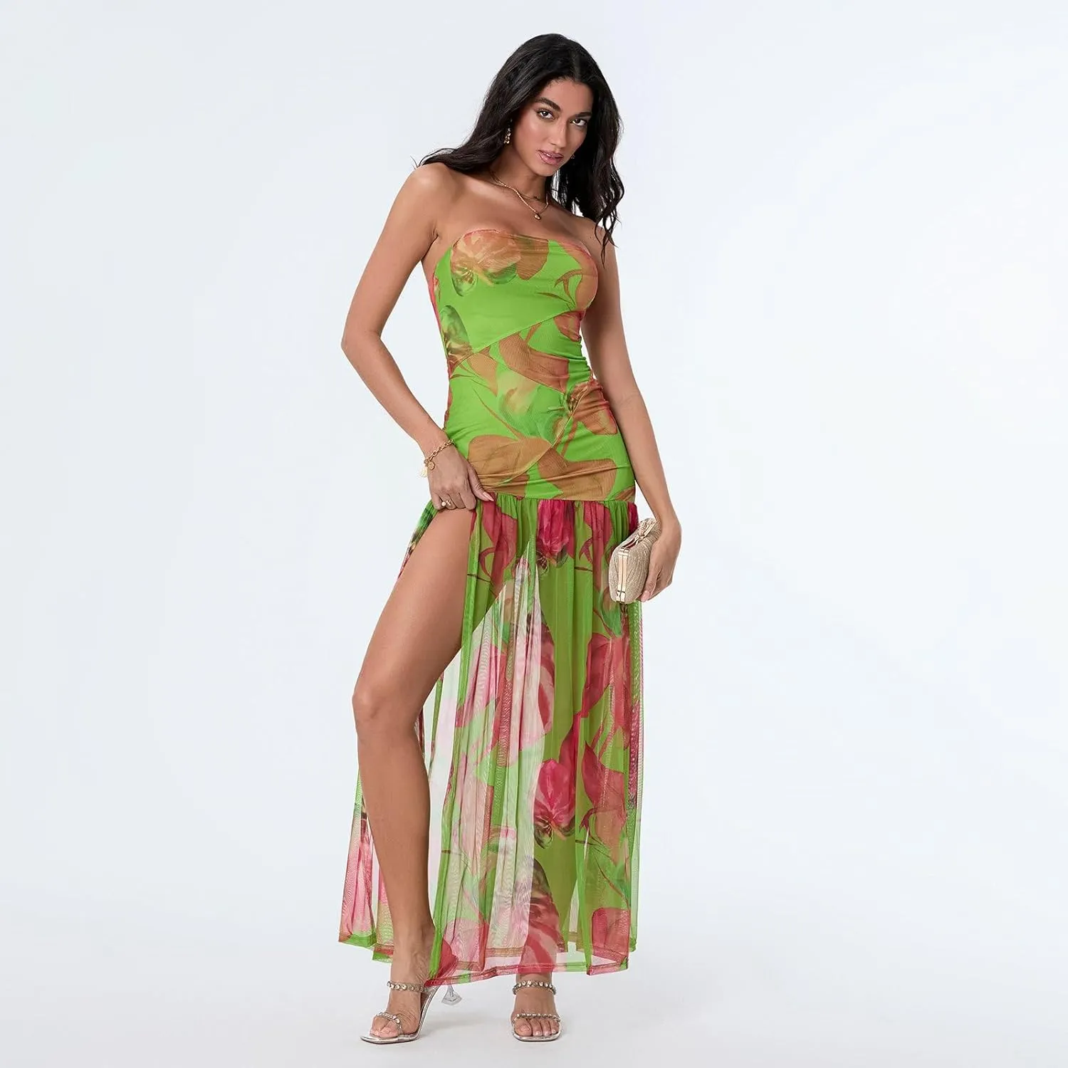 Women Y2k Strapless Maxi Dress Floral Print Tube Long Dress Boho Beach Sundress Going Out Streetwear