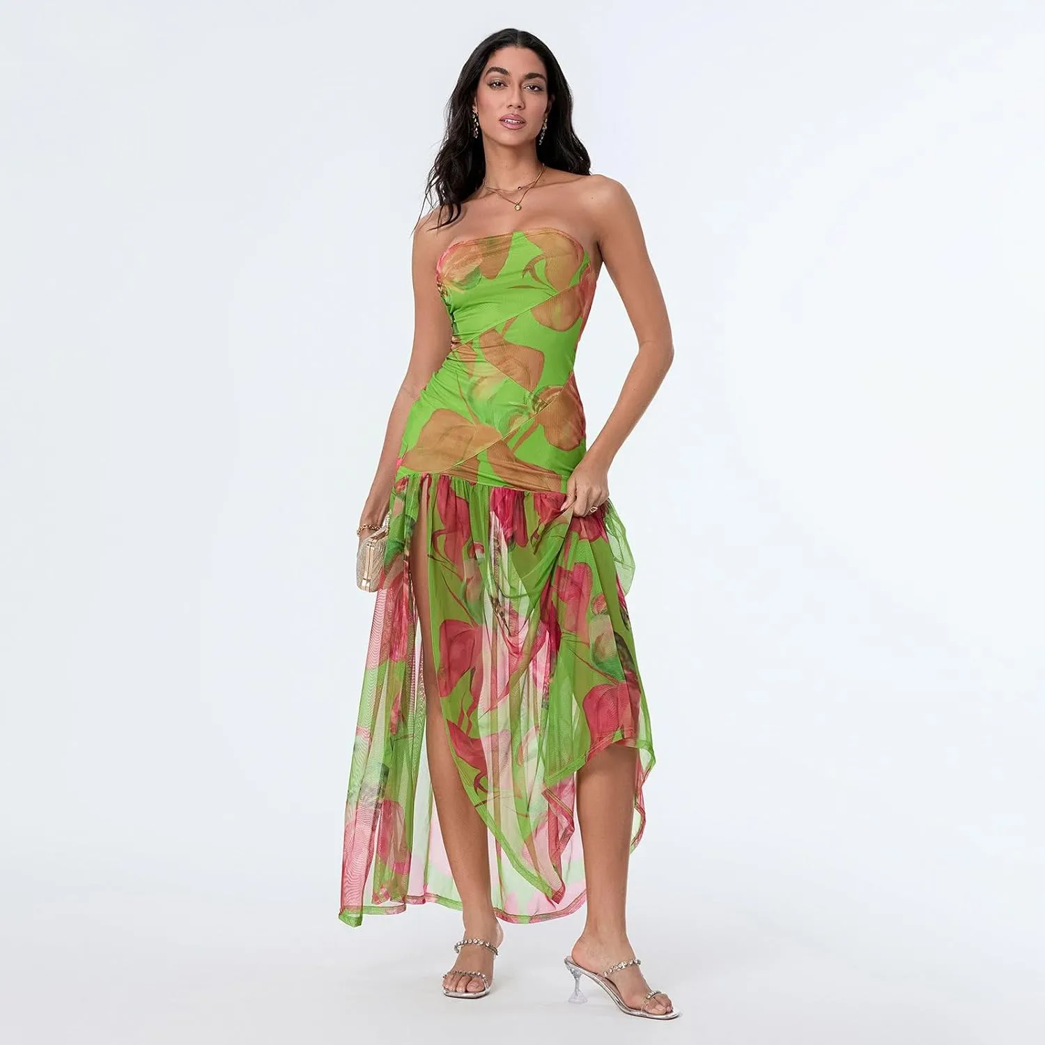Women Y2k Strapless Maxi Dress Floral Print Tube Long Dress Boho Beach Sundress Going Out Streetwear