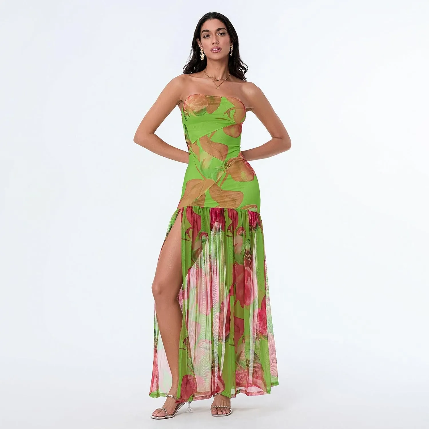 Women Y2k Strapless Maxi Dress Floral Print Tube Long Dress Boho Beach Sundress Going Out Streetwear