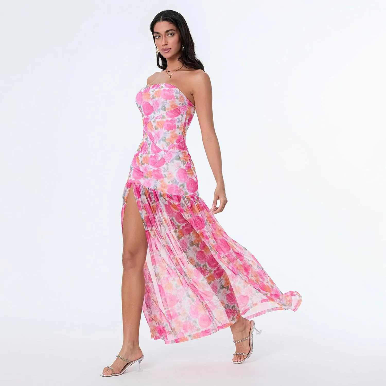 Women Y2k Strapless Maxi Dress Floral Print Tube Long Dress Boho Beach Sundress Going Out Streetwear