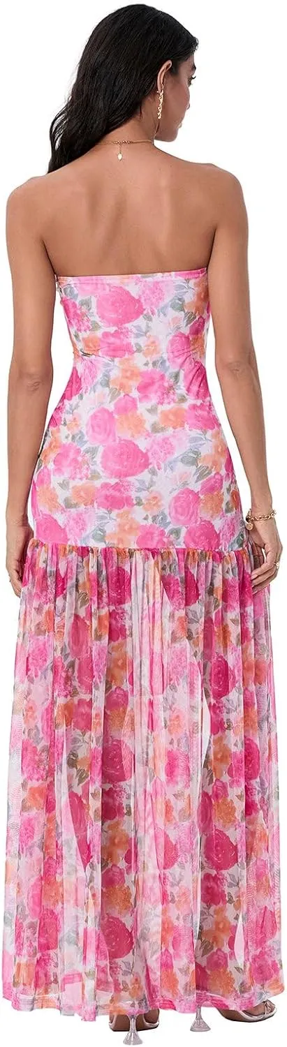 Women Y2k Strapless Maxi Dress Floral Print Tube Long Dress Boho Beach Sundress Going Out Streetwear