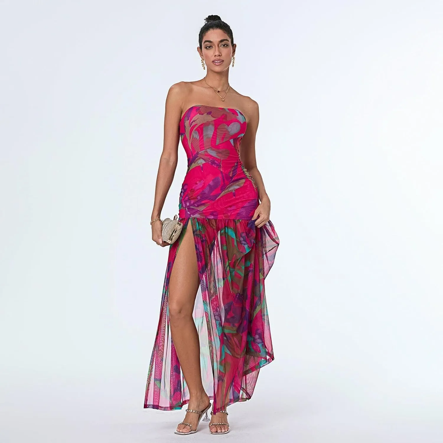 Women Y2k Strapless Maxi Dress Floral Print Tube Long Dress Boho Beach Sundress Going Out Streetwear
