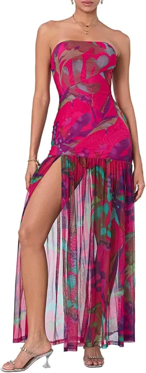 Women Y2k Strapless Maxi Dress Floral Print Tube Long Dress Boho Beach Sundress Going Out Streetwear