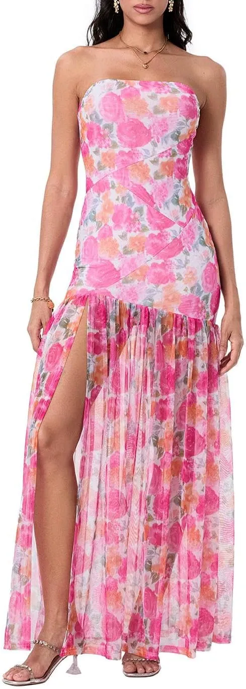Women Y2k Strapless Maxi Dress Floral Print Tube Long Dress Boho Beach Sundress Going Out Streetwear