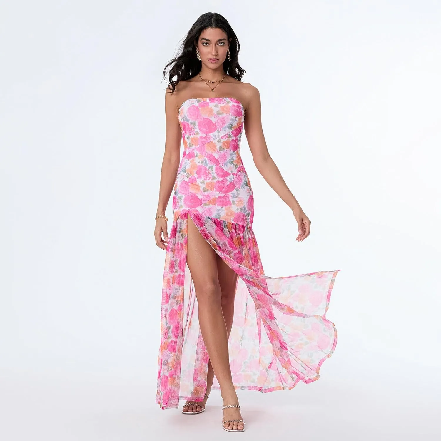 Women Y2k Strapless Maxi Dress Floral Print Tube Long Dress Boho Beach Sundress Going Out Streetwear