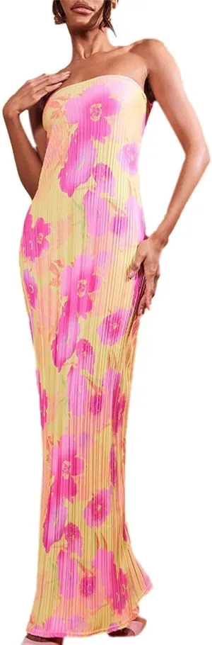 Women Y2k Strapless Maxi Dress Floral Print Tube Long Dress Boho Beach Sundress Going Out Streetwear