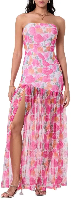 Women Y2k Strapless Maxi Dress Floral Print Tube Long Dress Boho Beach Sundress Going Out Streetwear