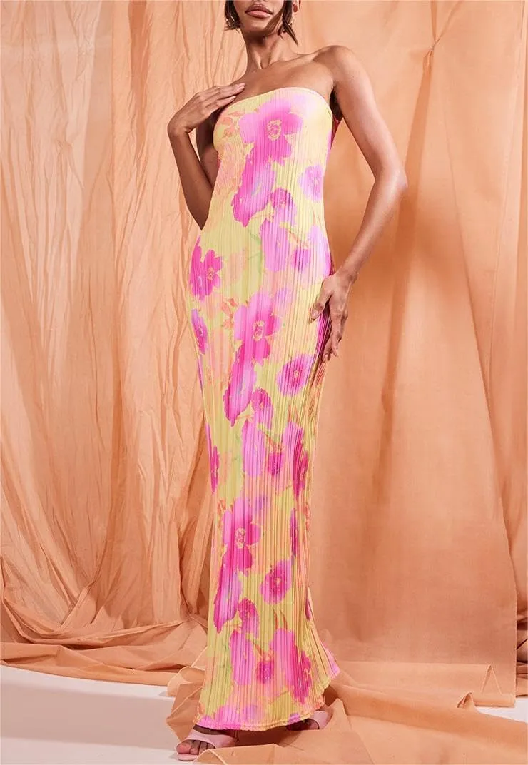 Women Y2k Strapless Maxi Dress Floral Print Tube Long Dress Boho Beach Sundress Going Out Streetwear