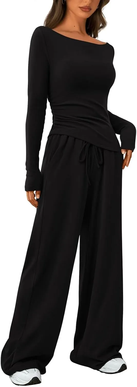Women's 2 Piece Lounge Sets Asymmetrical Long Sleeve Two Piece Outfits Casual Wide Leg Jogger Set Cozy Loungewear
