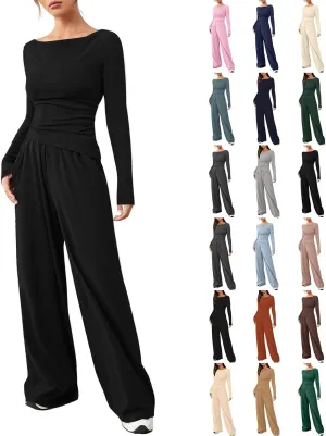 Women's 2 Piece Lounge Sets Asymmetrical Long Sleeve Two Piece Outfits Casual Wide Leg Jogger Set Cozy Loungewear