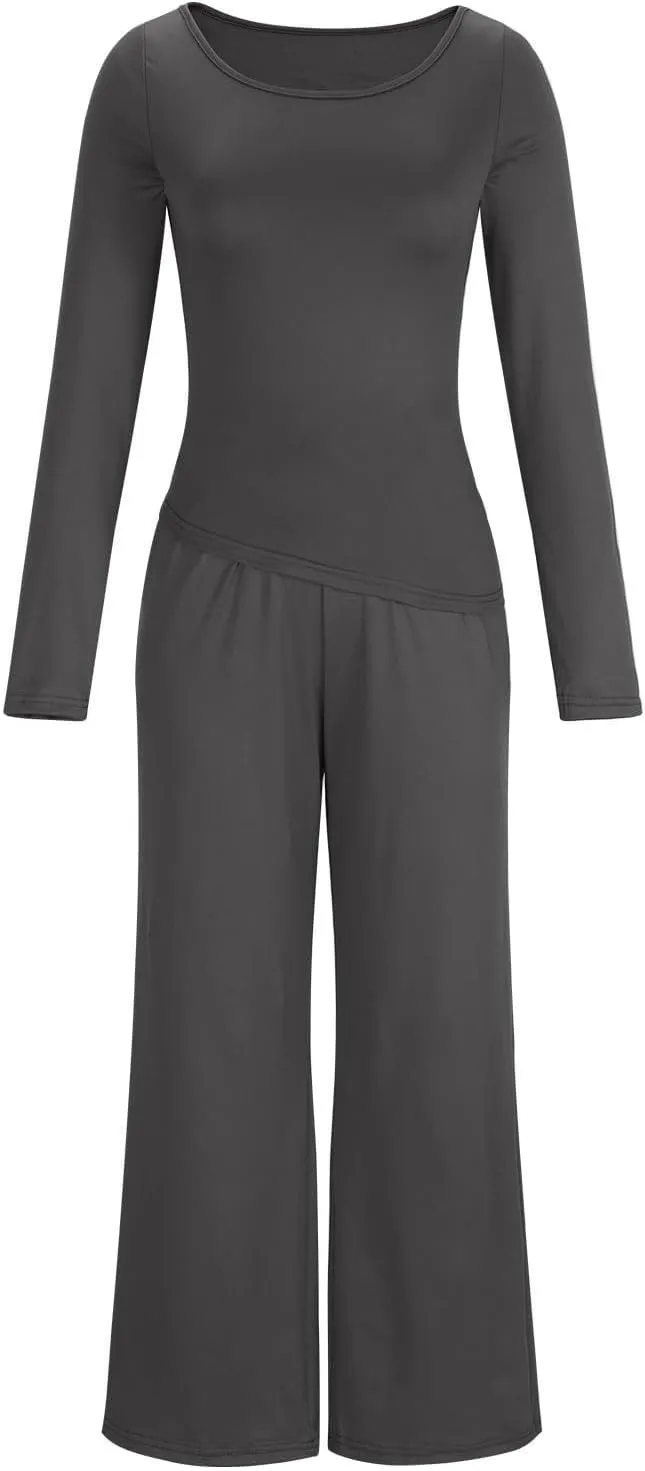 Women's 2 Piece Lounge Sets Asymmetrical Long Sleeve Two Piece Outfits Casual Wide Leg Jogger Set Cozy Loungewear