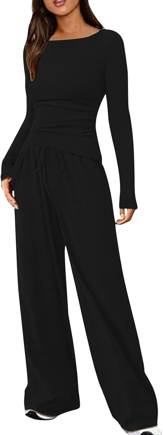 Women's 2 Piece Lounge Sets Asymmetrical Long Sleeve Two Piece Outfits Casual Wide Leg Jogger Set Cozy Loungewear