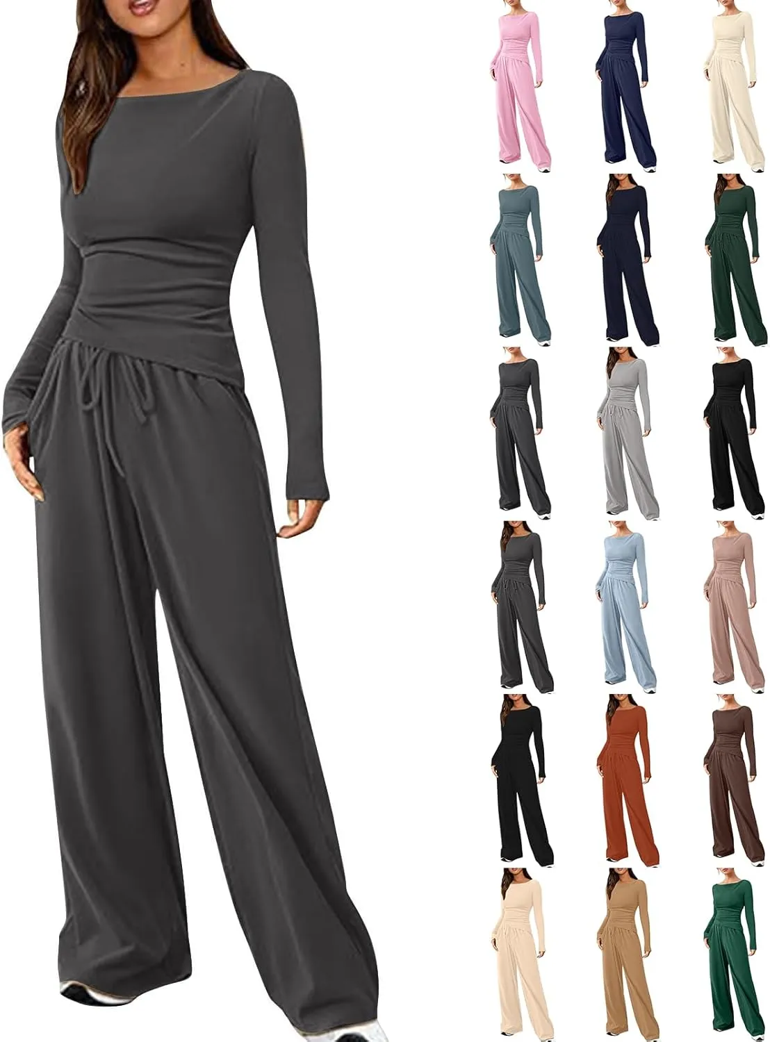 Women's 2 Piece Lounge Sets Asymmetrical Long Sleeve Two Piece Outfits Casual Wide Leg Jogger Set Cozy Loungewear