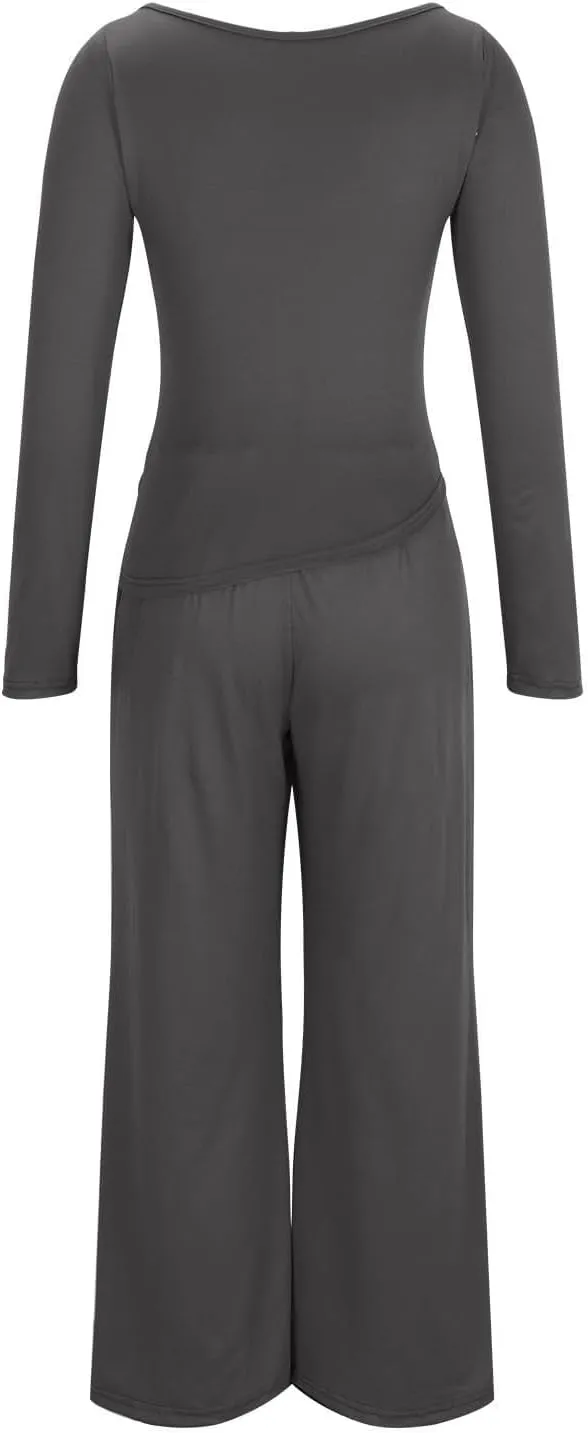 Women's 2 Piece Lounge Sets Asymmetrical Long Sleeve Two Piece Outfits Casual Wide Leg Jogger Set Cozy Loungewear