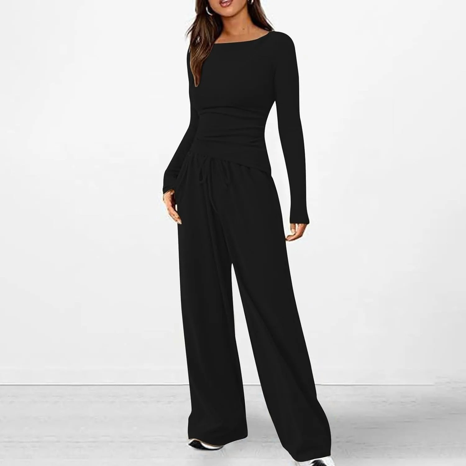 Women's 2 Piece Lounge Sets Asymmetrical Long Sleeve Two Piece Outfits Casual Wide Leg Jogger Set Cozy Loungewear