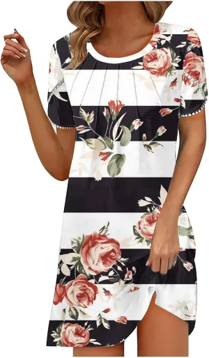 Women's 2024 Summer Floral Short Sleeve Mini Dress Round Neck Ruffle A-line Loose Dresses Smocked T-Shirt Dress White