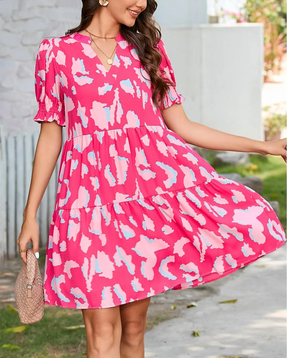 Womens Abstract Floral Printed Dress Puff Short Sleeve Tiered V Neck Midi Dress Ruffle Beach Vacation Sundress