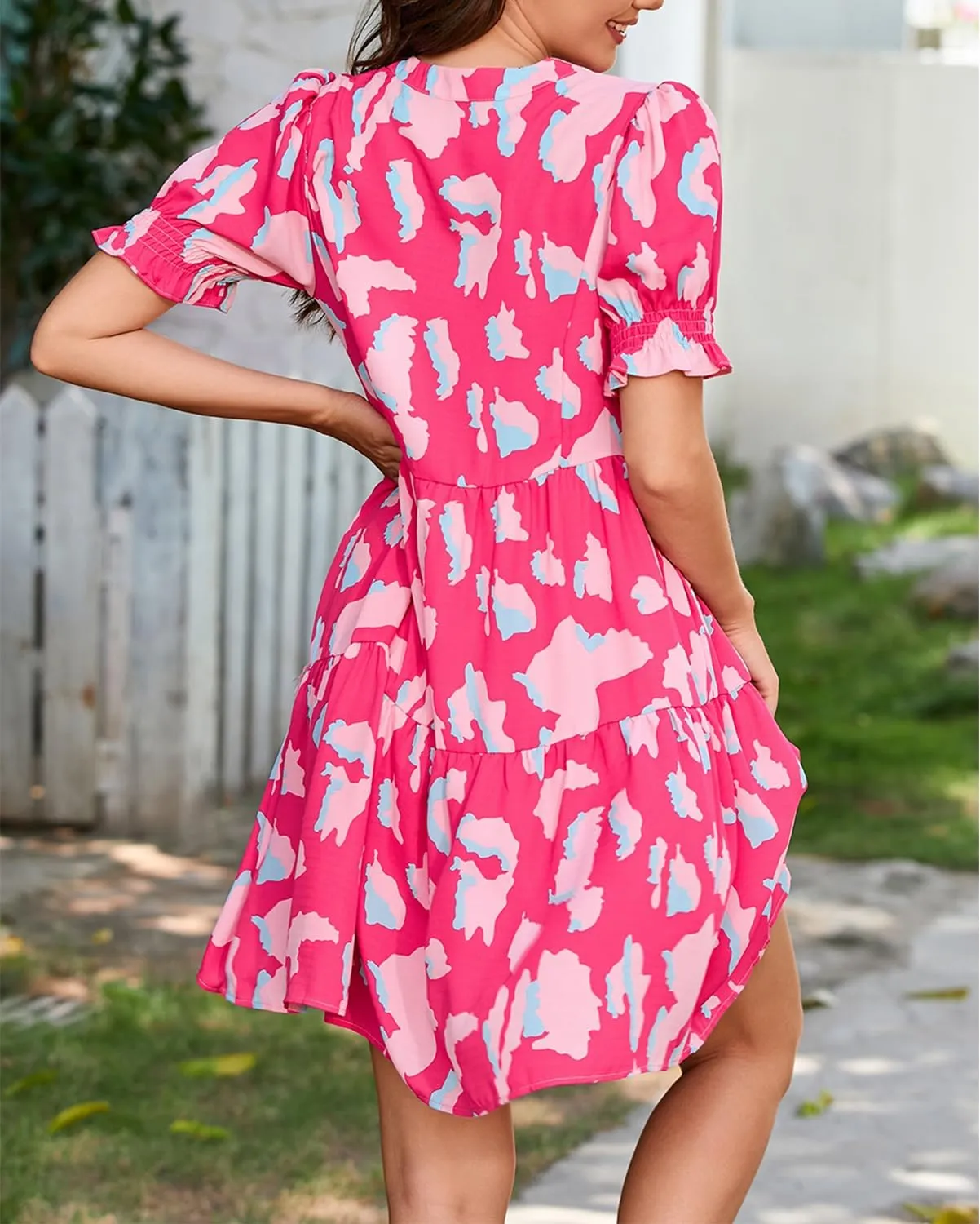 Womens Abstract Floral Printed Dress Puff Short Sleeve Tiered V Neck Midi Dress Ruffle Beach Vacation Sundress