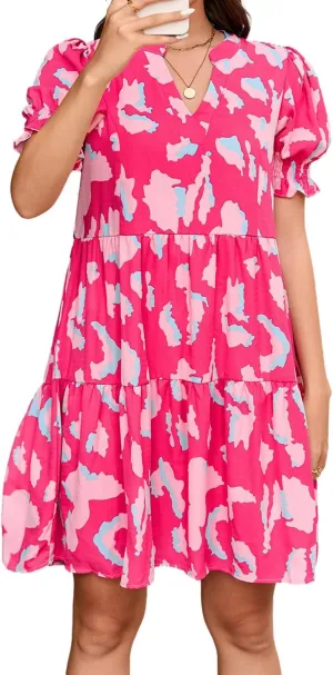 Womens Abstract Floral Printed Dress Puff Short Sleeve Tiered V Neck Midi Dress Ruffle Beach Vacation Sundress