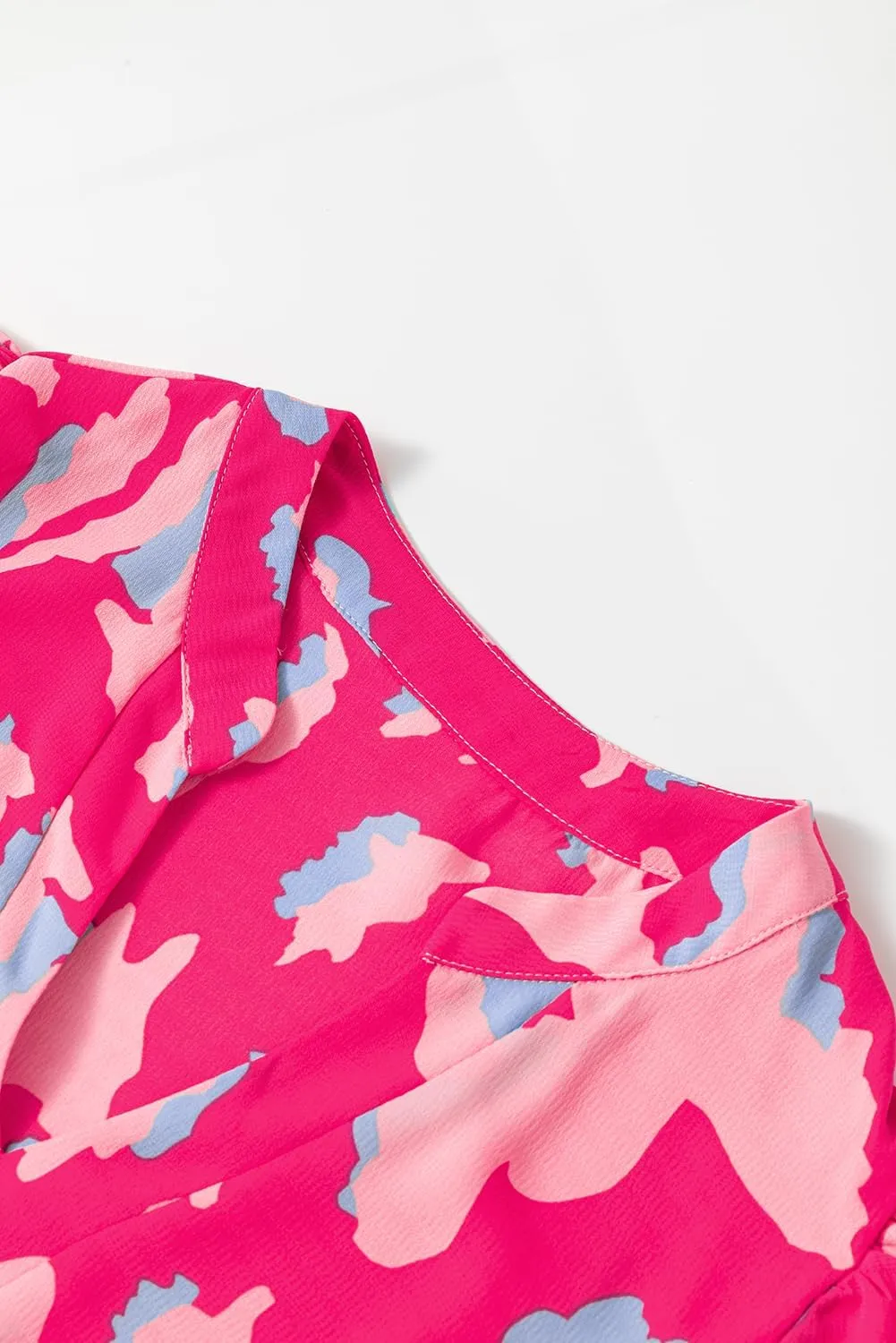 Womens Abstract Floral Printed Dress Puff Short Sleeve Tiered V Neck Midi Dress Ruffle Beach Vacation Sundress