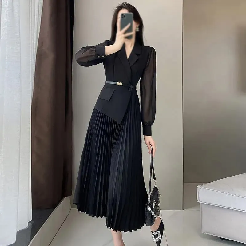 Women's Blazer Design Long Sleeve Dresses High Waist Pleated Midi Dress
