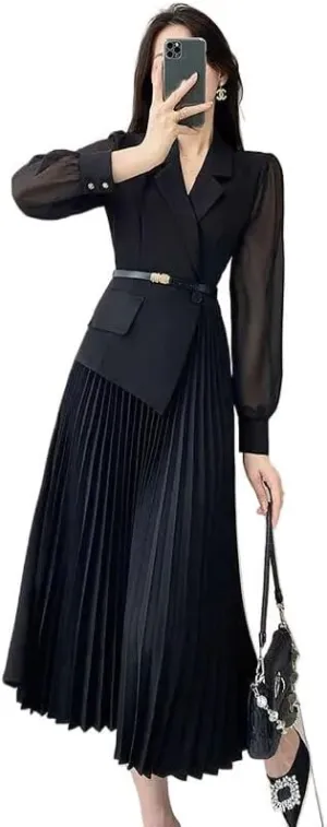 Women's Blazer Design Long Sleeve Dresses High Waist Pleated Midi Dress
