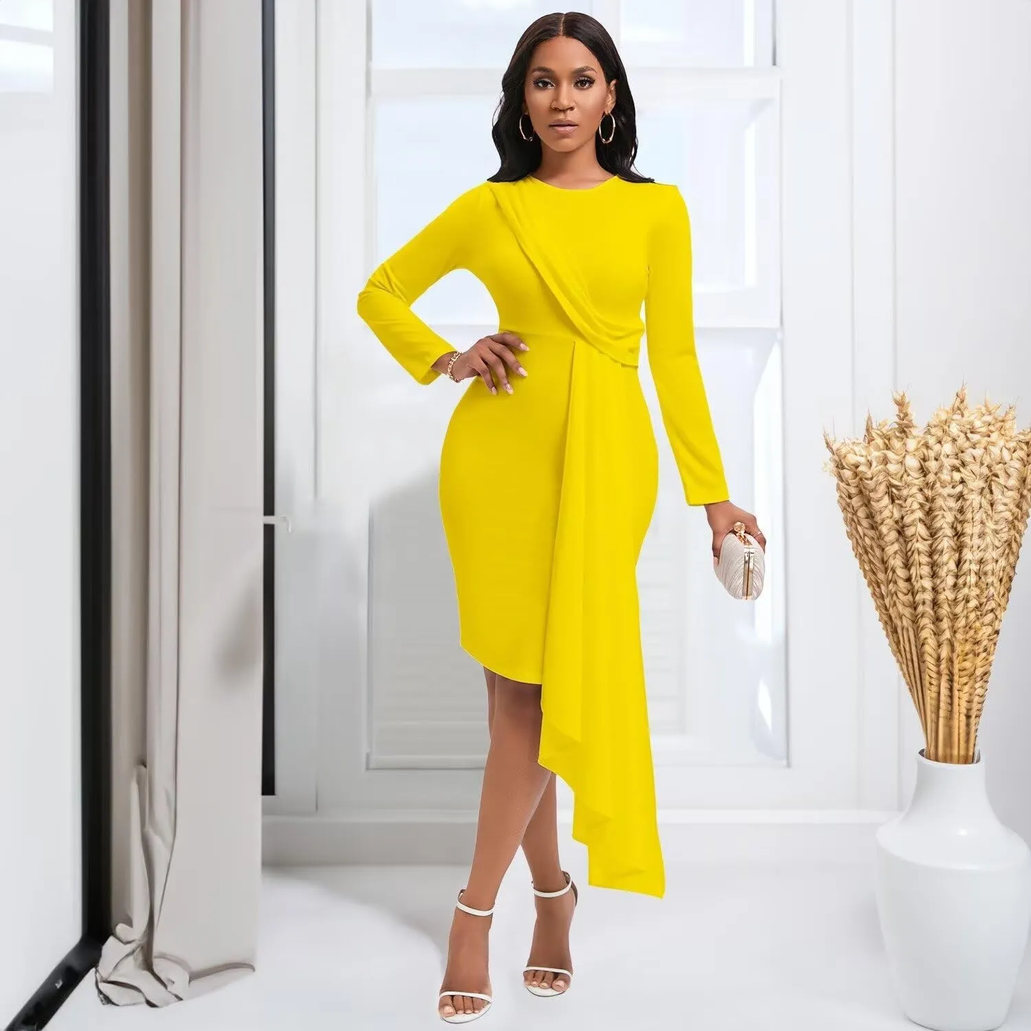 Women's Bodycon Pencil Dress for Cocktail Party Long Sleeve Elegant Midi Dresses Fitted Vintage Church Dresses