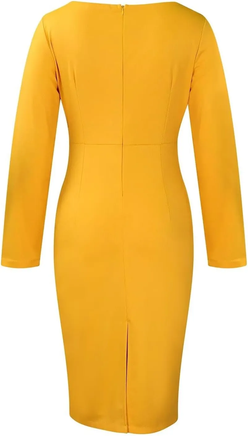 Women's Bodycon Pencil Dress for Cocktail Party Long Sleeve Elegant Midi Dresses Fitted Vintage Church Dresses