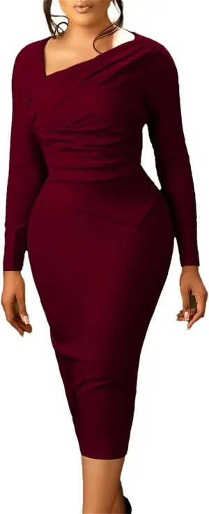 Women's Bodycon Pencil Dress for Cocktail Party Long Sleeve Elegant Midi Dresses Fitted Vintage Church Dresses