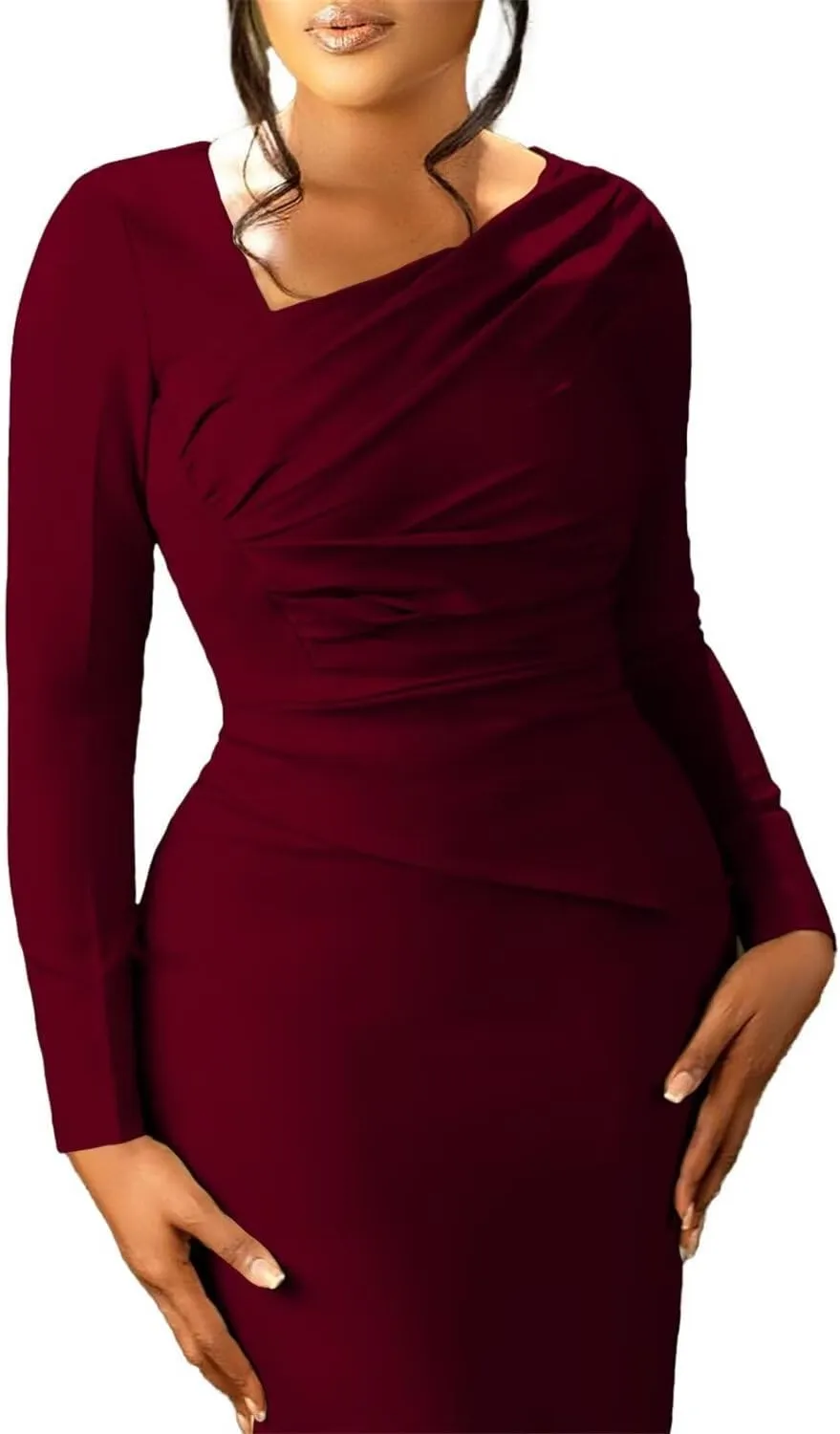 Women's Bodycon Pencil Dress for Cocktail Party Long Sleeve Elegant Midi Dresses Fitted Vintage Church Dresses
