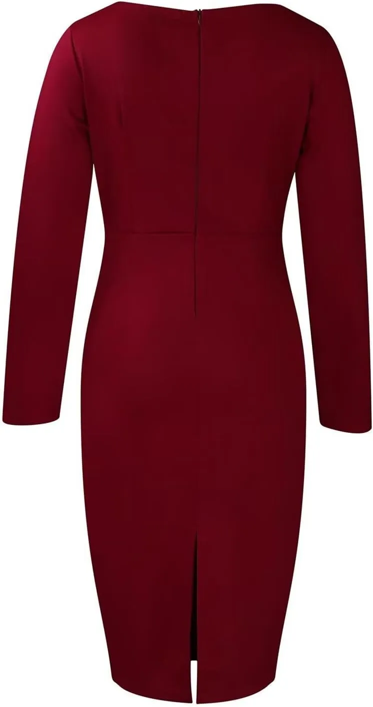 Women's Bodycon Pencil Dress for Cocktail Party Long Sleeve Elegant Midi Dresses Fitted Vintage Church Dresses