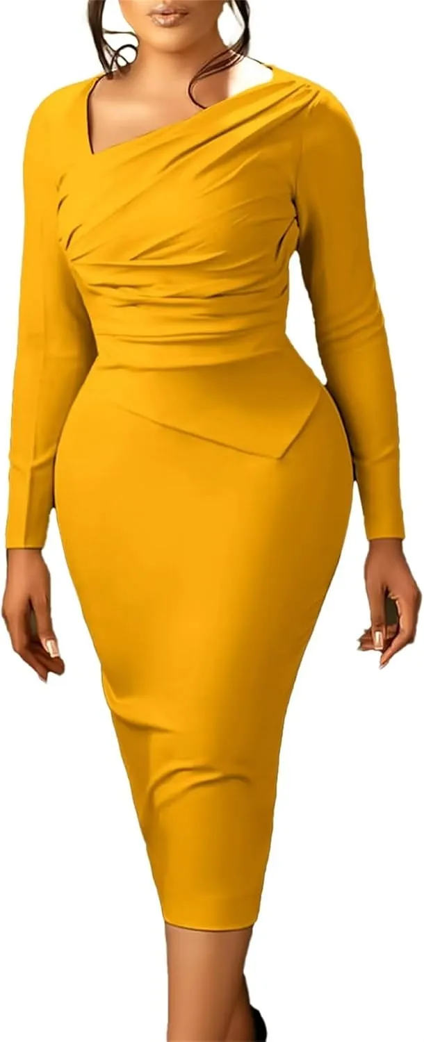 Women's Bodycon Pencil Dress for Cocktail Party Long Sleeve Elegant Midi Dresses Fitted Vintage Church Dresses