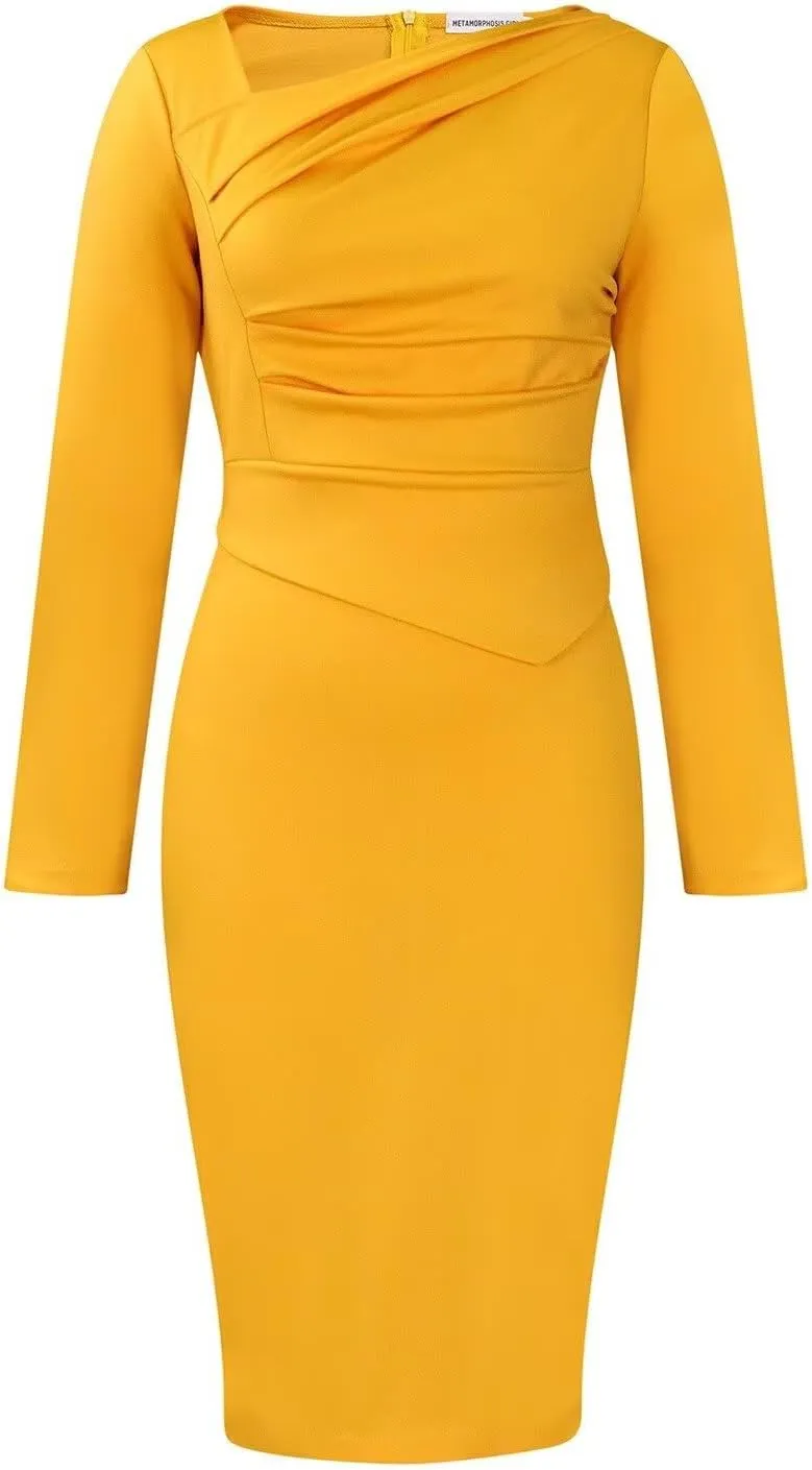 Women's Bodycon Pencil Dress for Cocktail Party Long Sleeve Elegant Midi Dresses Fitted Vintage Church Dresses