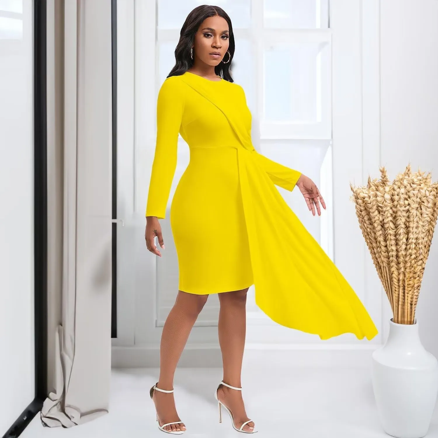 Women's Bodycon Pencil Dress for Cocktail Party Long Sleeve Elegant Midi Dresses Fitted Vintage Church Dresses
