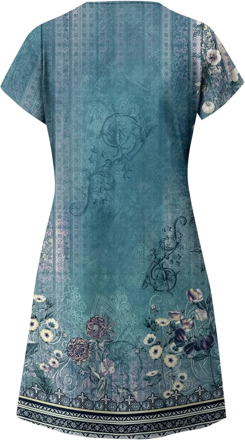Women's Bohemian Floral Print Summer Dress with Pockets Short Sleeve V-Neck Casual Loose Fit Sundress