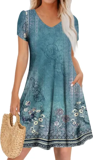 Women's Bohemian Floral Print Summer Dress with Pockets Short Sleeve V-Neck Casual Loose Fit Sundress