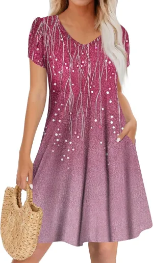 Women's Bohemian Floral Print Summer Dress with Pockets Short Sleeve V-Neck Casual Loose Fit Sundress