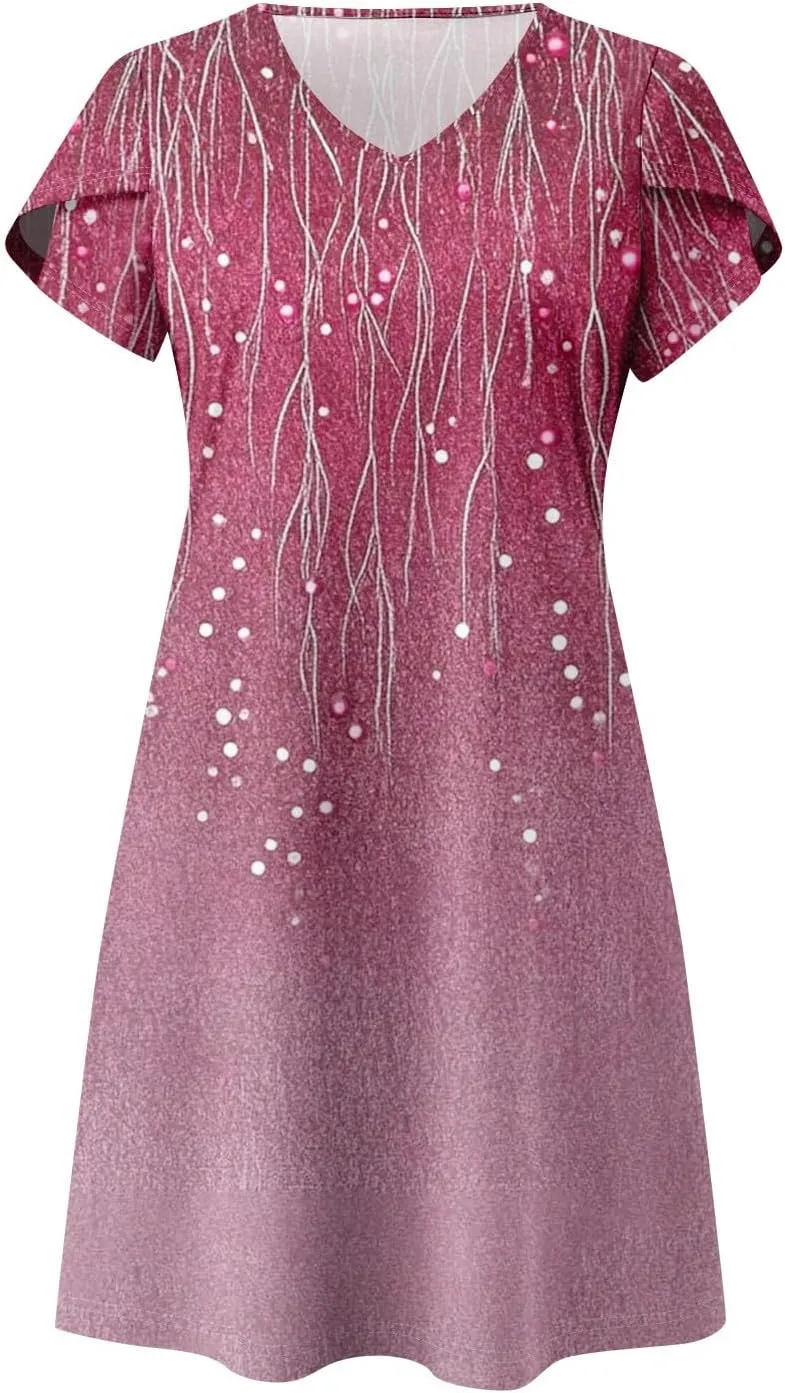 Women's Bohemian Floral Print Summer Dress with Pockets Short Sleeve V-Neck Casual Loose Fit Sundress