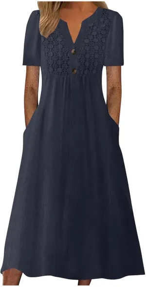 Women's Boho Floral Flowy A Line Midi Dress Casual Loose Summer Short Sleeve Beach Vacation Dresses with Pockets, X-Large, Zc-navy