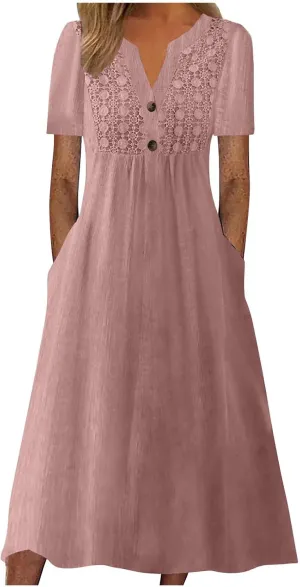 Women's Boho Floral Flowy A Line Midi Dress Casual Loose Summer Short Sleeve Beach Vacation Dresses with Pockets, XX-Large, Zc-pink