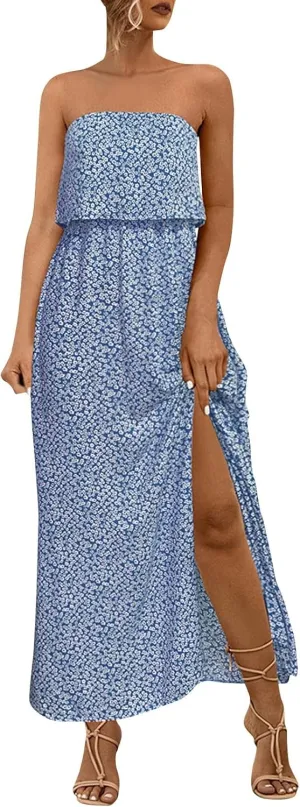 Women's Boho Floral Print Off Shoulder Split Long A Line Dress Floral Short Sleeve A Line Beach Vacation Dresses