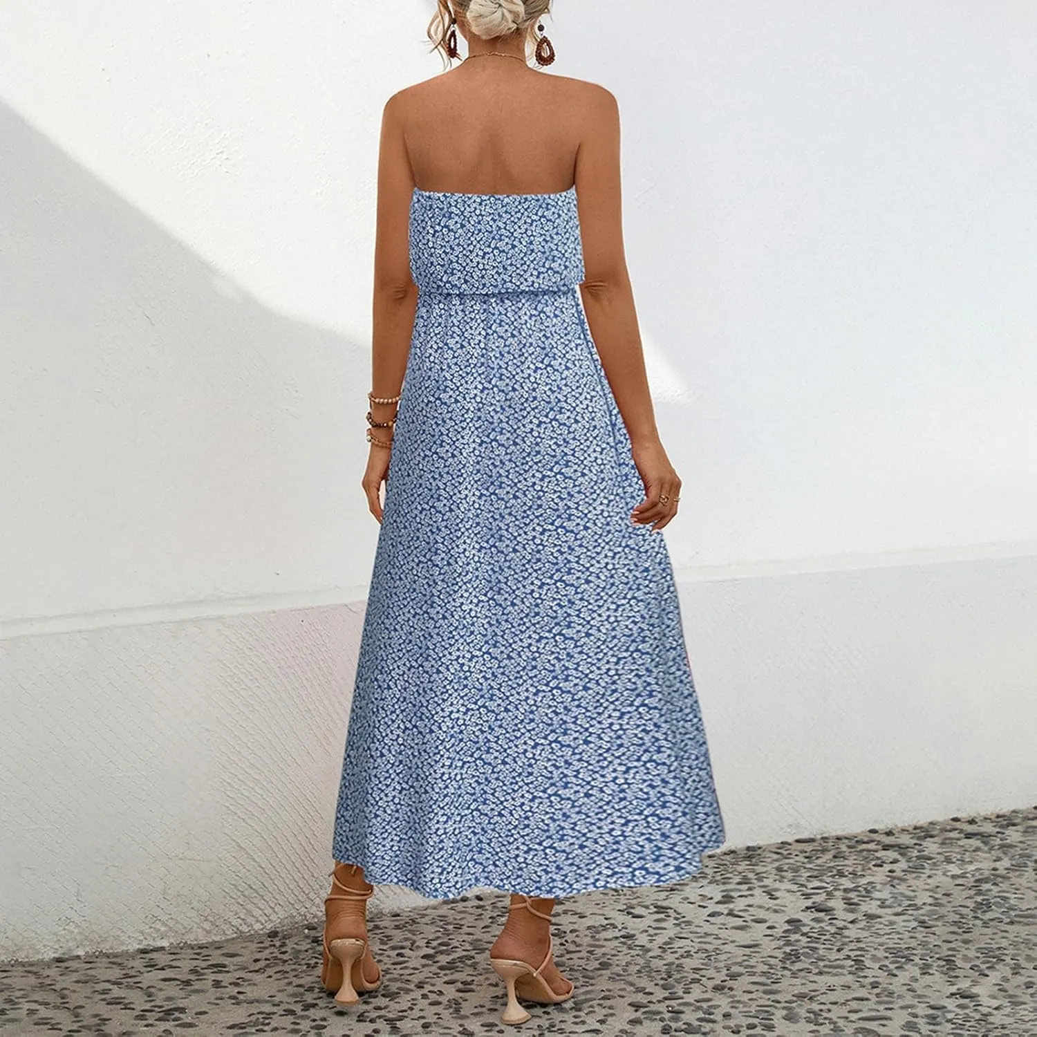 Women's Boho Floral Print Off Shoulder Split Long A Line Dress Floral Short Sleeve A Line Beach Vacation Dresses