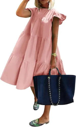 Women's Boho Summer Dress Loose Dress Swing Solid Color Short Sleeve Dresses 2024 Casual, S-5XL