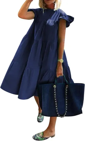 Women's Boho Summer Dress Loose Dress Swing Solid Color Short Sleeve Dresses 2024 Casual, S-5XL