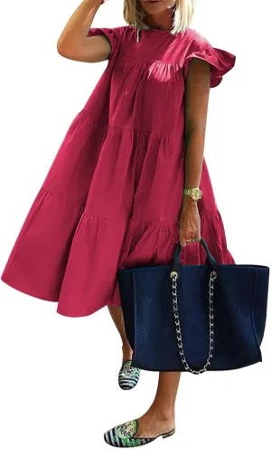 Women's Boho Summer Dress Loose Dress Swing Solid Color Short Sleeve Dresses 2024 Casual, S-5XL