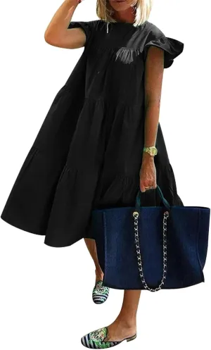 Women's Boho Summer Dress Loose Dress Swing Solid Color Short Sleeve Dresses 2024 Casual, S-5XL